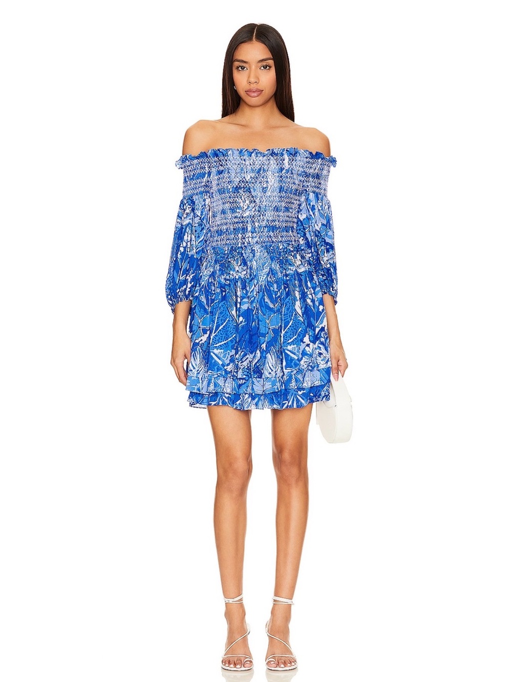 Poupette St Barth Blue White Floral Smocked Off Shoulder Mini Dress Size S